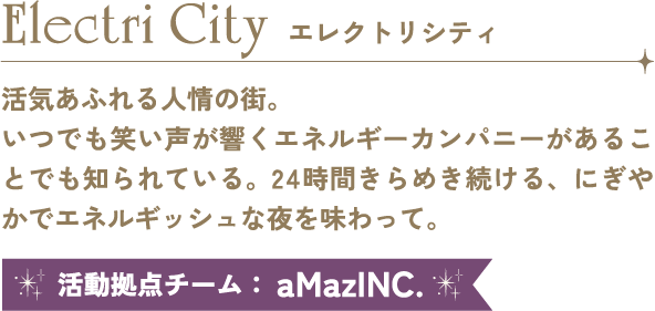 Electri City エレクトリシティー 活気あふれる人情の街。いつでも笑い声が響くエネルギーカンパニーがあることでも知られている。24時間きらめき続ける、にぎやかでエネルギッシュな夜を味わって。 活動拠点チーム：aMazINC.
